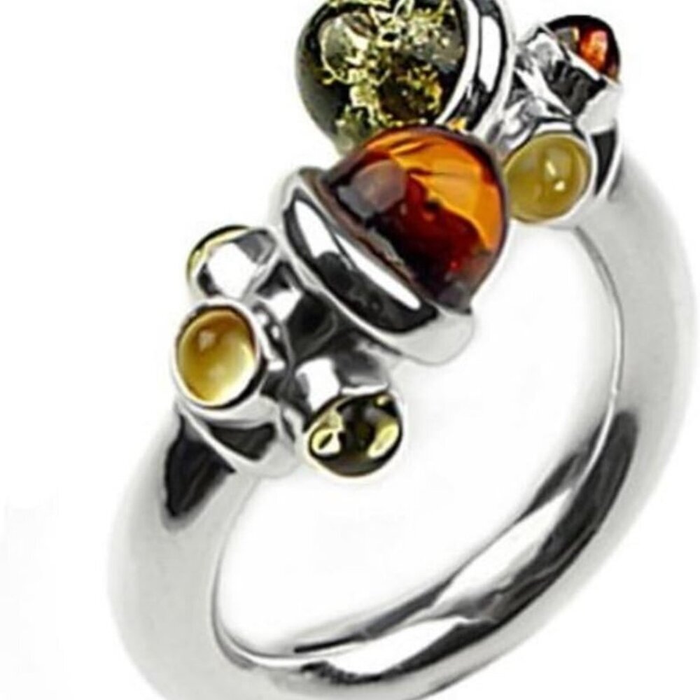 Multicolor Amber and Sterling Silver Adjustable Designer Ring